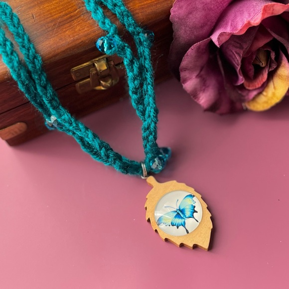 Handmade Crochet Beaded Butterfly Pendant Necklace Cottagecore - Picture 4 of 13